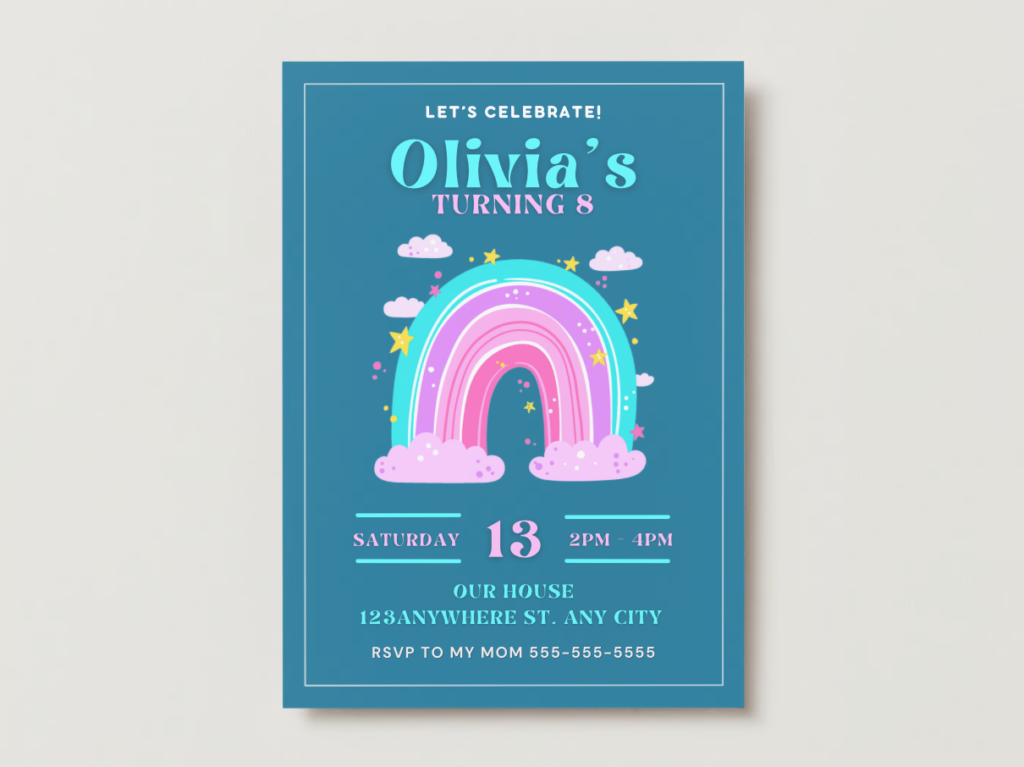 Free Birthday Invitation- Turquoise with Rainbow